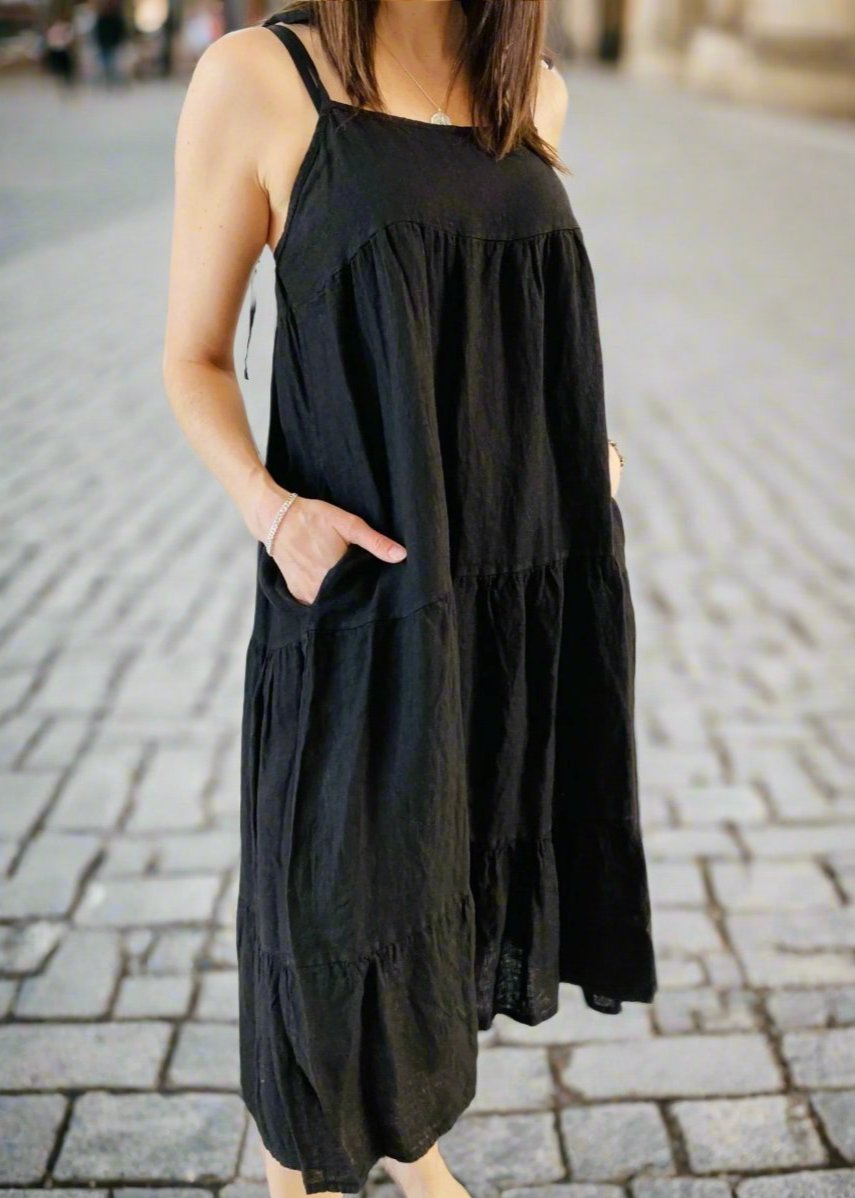 Suzy D London Black Linen Tiered Dress