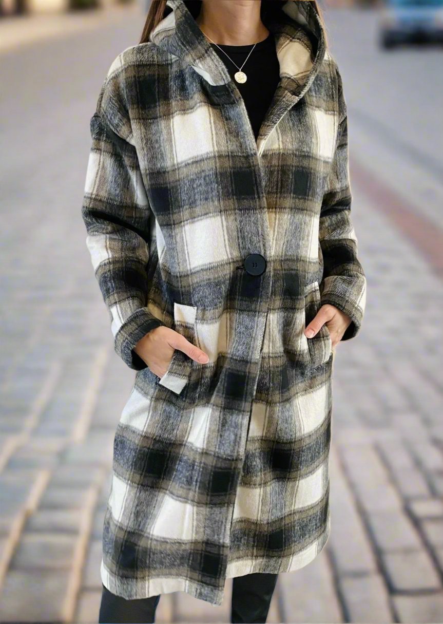 Hooded plaid coat deals