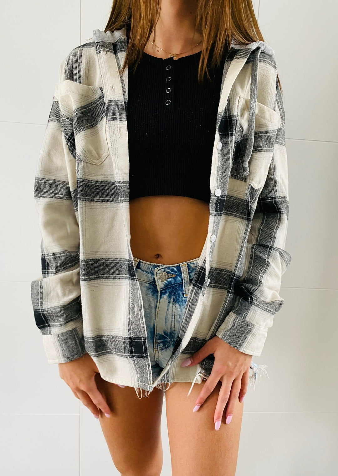 PLAID HOODED BUTTON FRONT SHIRT