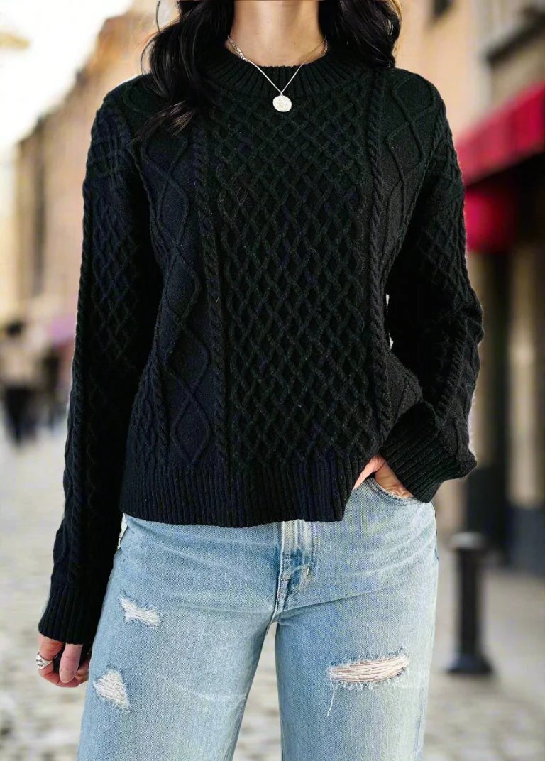 Esqualo Cable Knit Off White or Black Sweater Tia B Boutique M Black