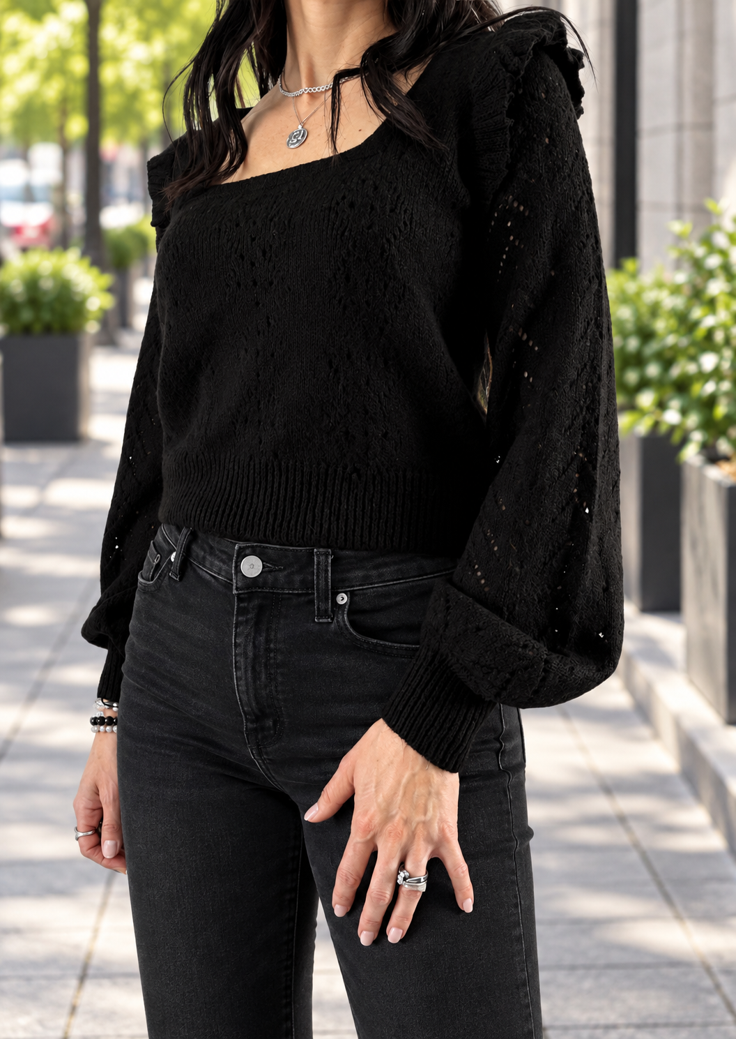 LORI RUFFLE SHOULDER SWEATER
