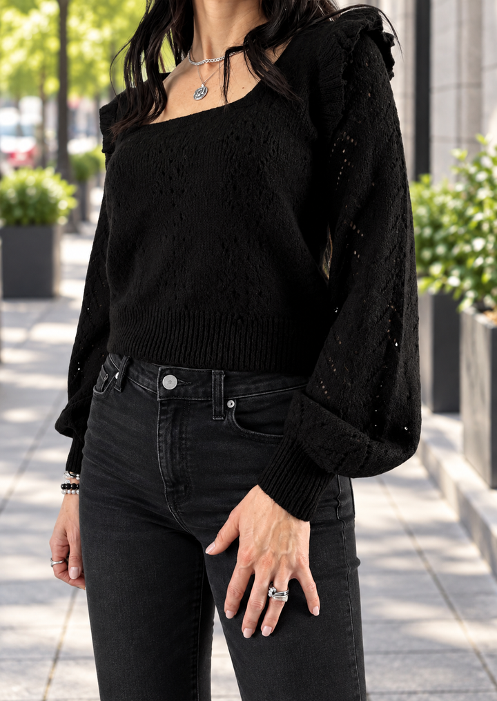 LORI RUFFLE SHOULDER SWEATER