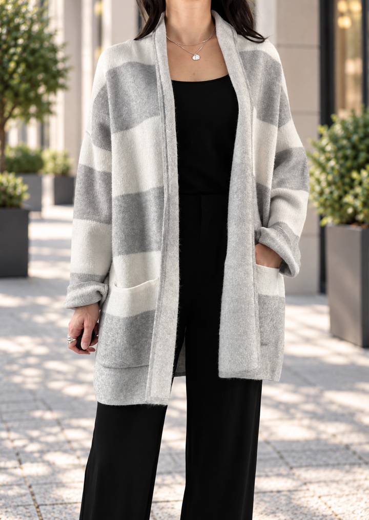 MALLORY HEATHER ASH GREY STRIPE CARDIGAN