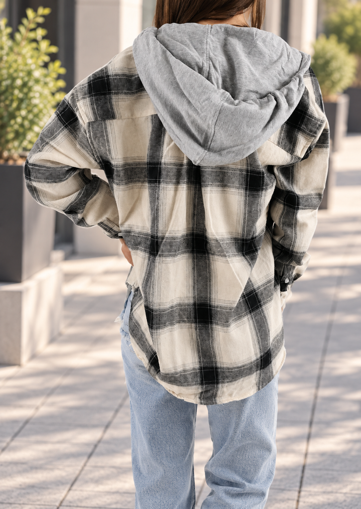PLAID HOODED BUTTON FRONT SHIRT