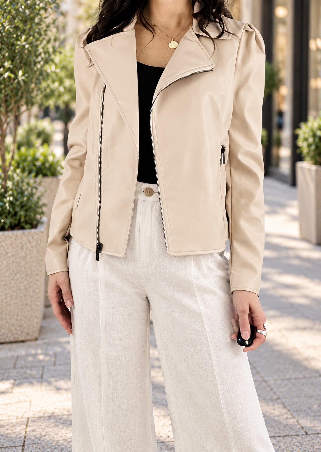 PUFFED SHOULDER BIKER JACKET