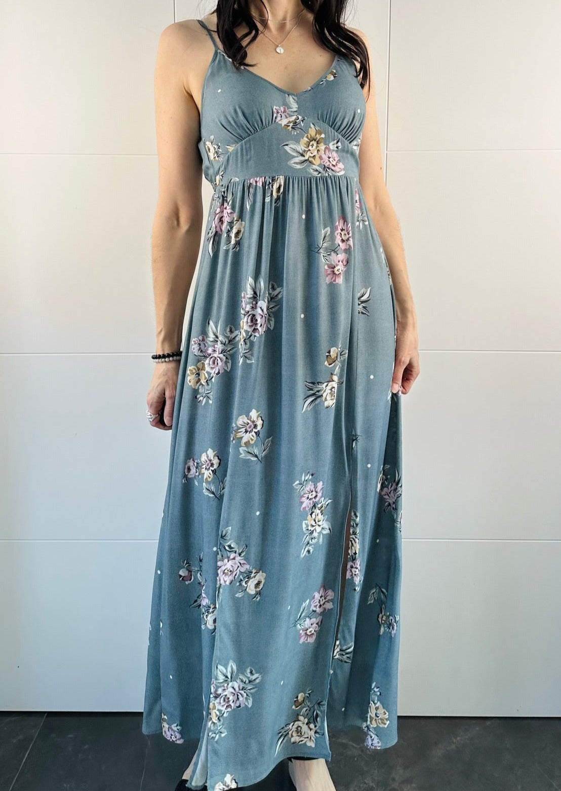 Grey floral maxi dress shop
