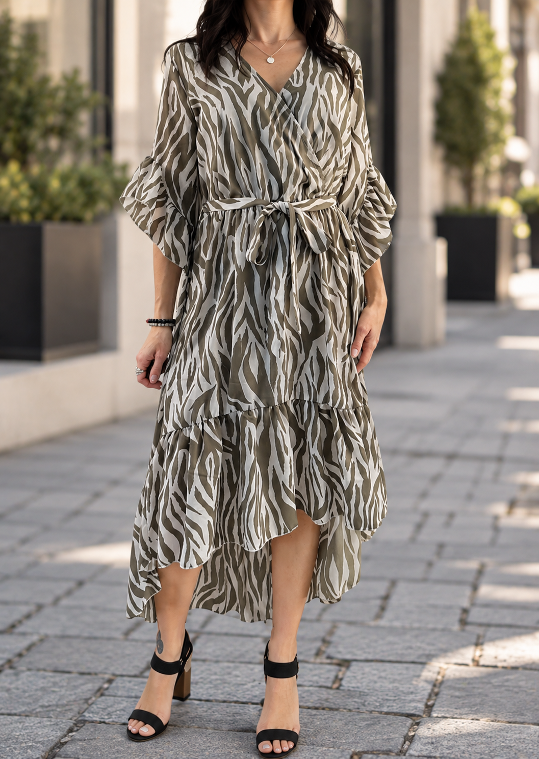 ZEBRA DIP HEM MIDI DRESS