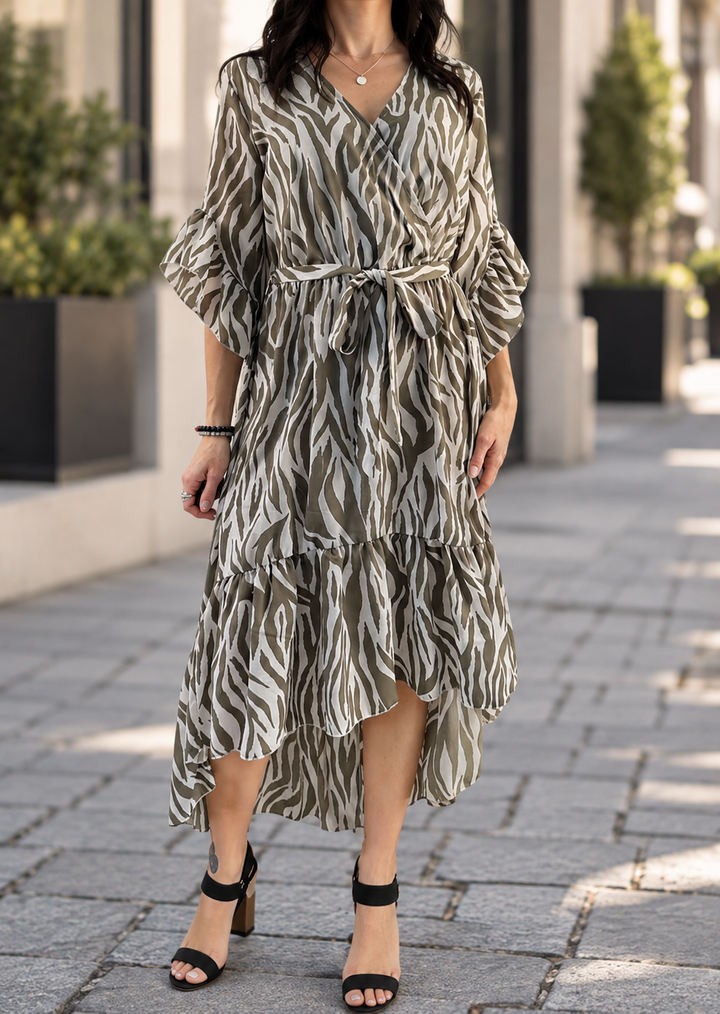 ZEBRA DIP HEM MIDI DRESS