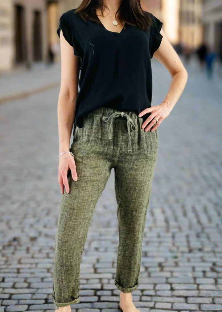 AIRY OLIVE GREEN DISTRESSED LINEN PANT