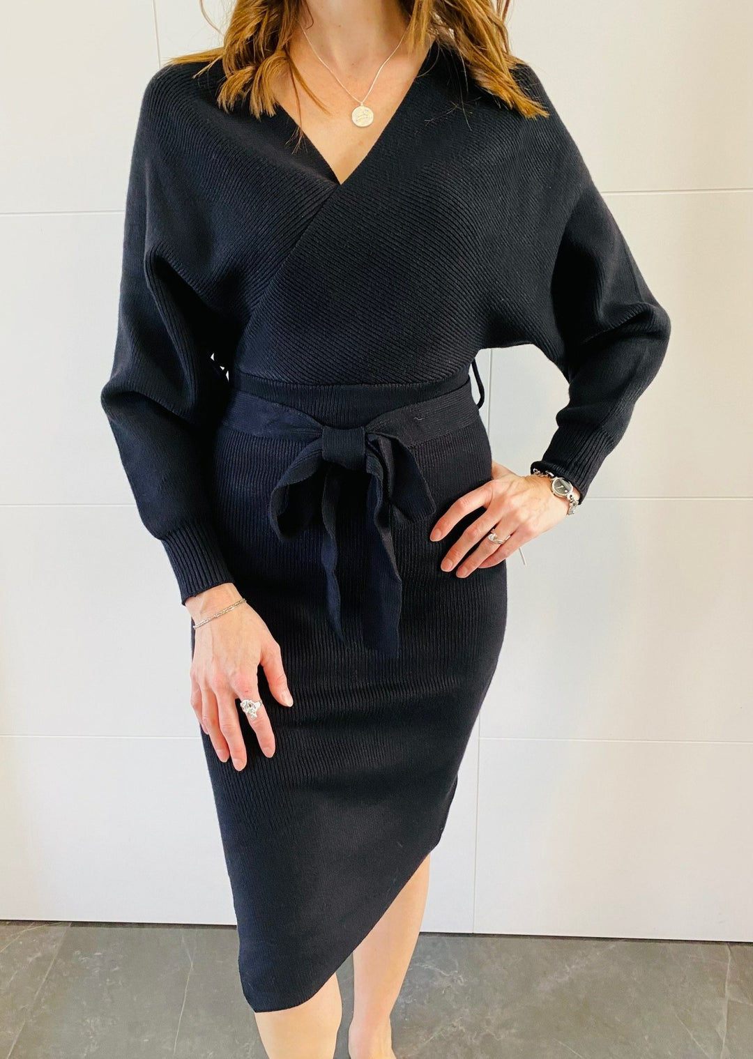 THE KNITTED BATWING WRAP MIDI DRESS