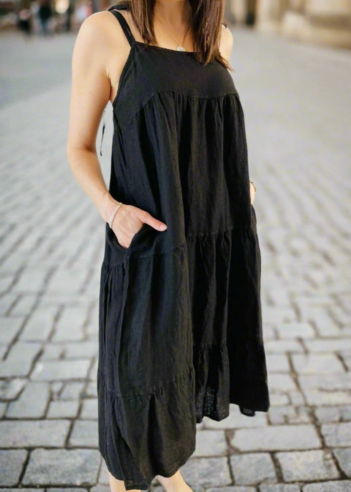 BLACK LINEN TIERED DRESS