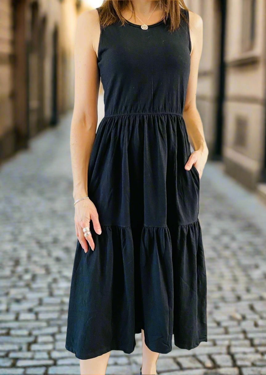 FAVORITE DAY BLACK TIERED MIDI DRESS