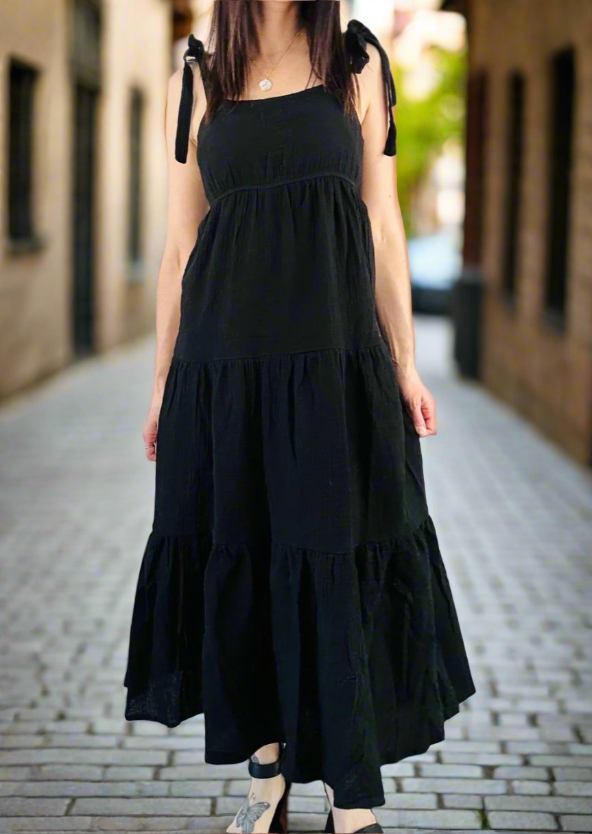 JORDAN TIE SHOULDER BLACK MAXI DRESS