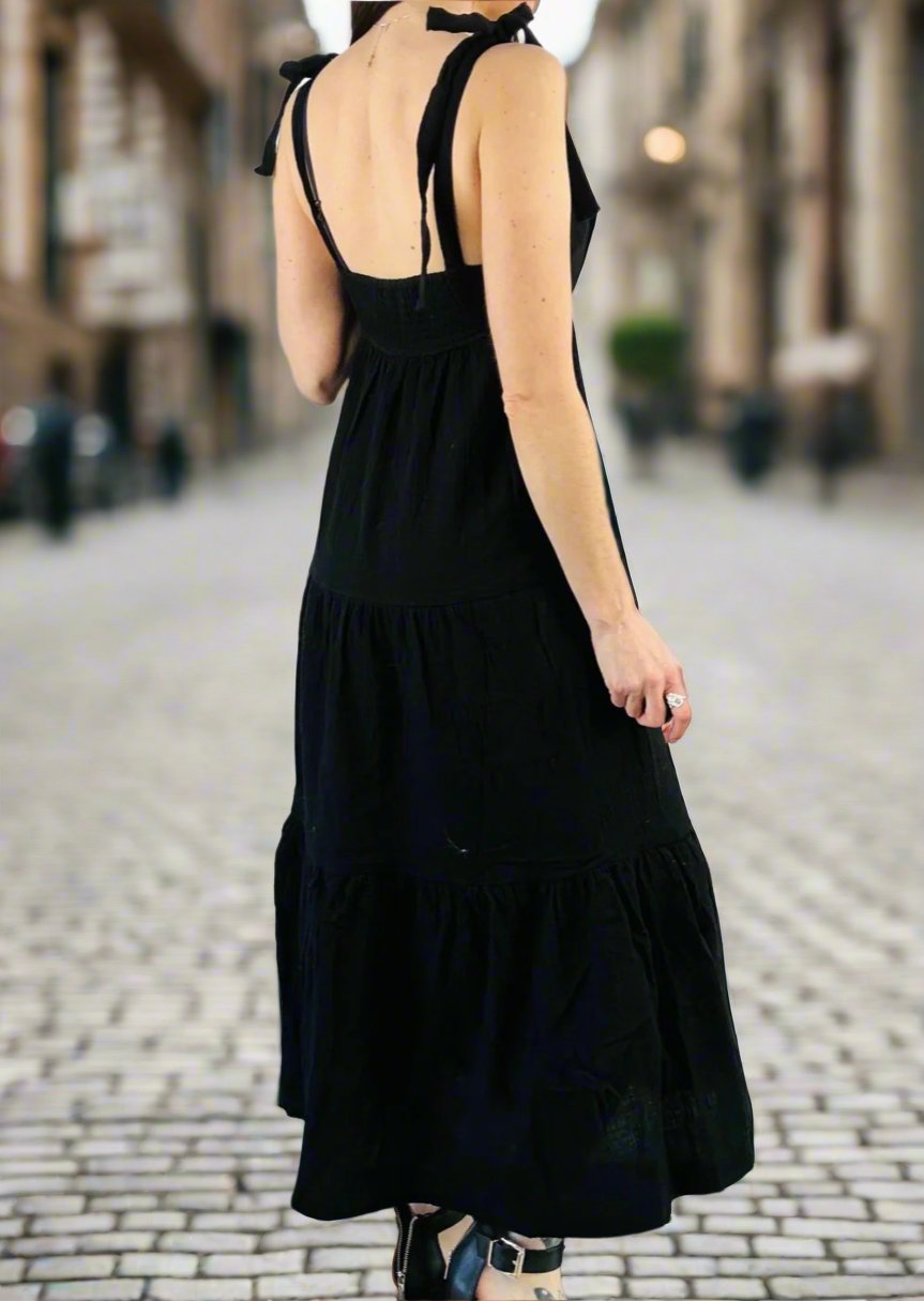 JORDAN TIE SHOULDER BLACK MAXI DRESS