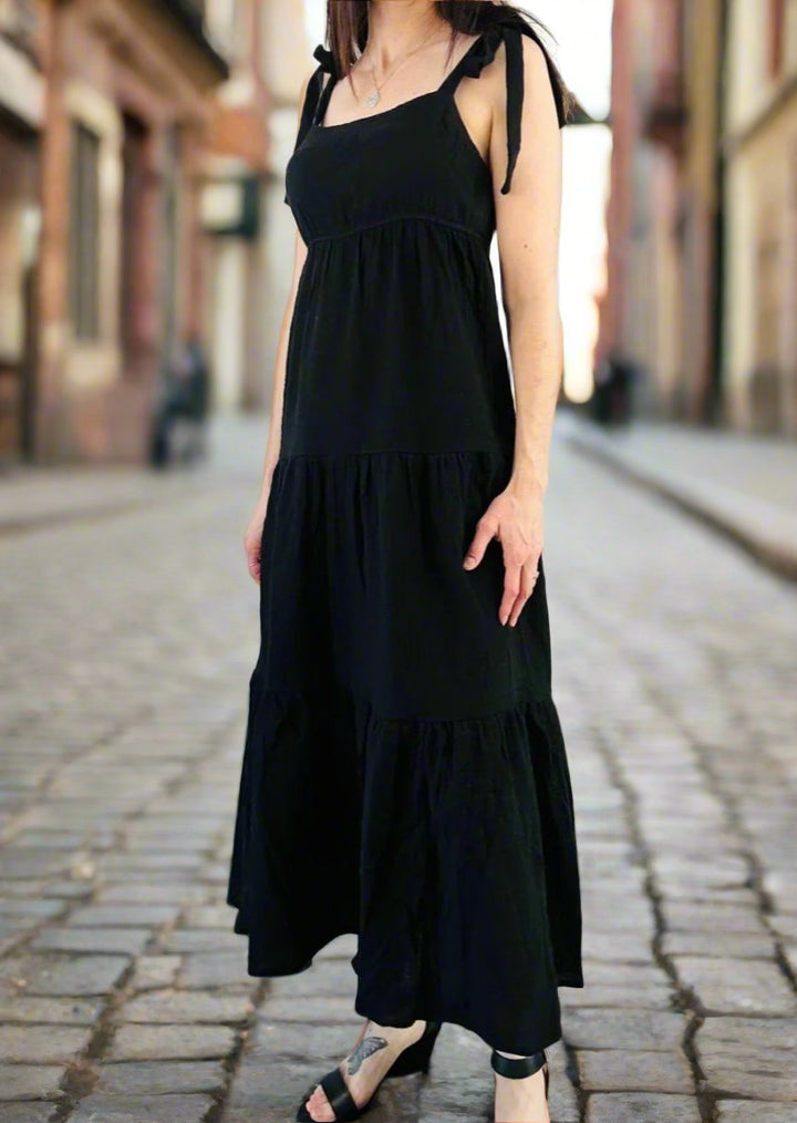 JORDAN TIE SHOULDER BLACK MAXI DRESS