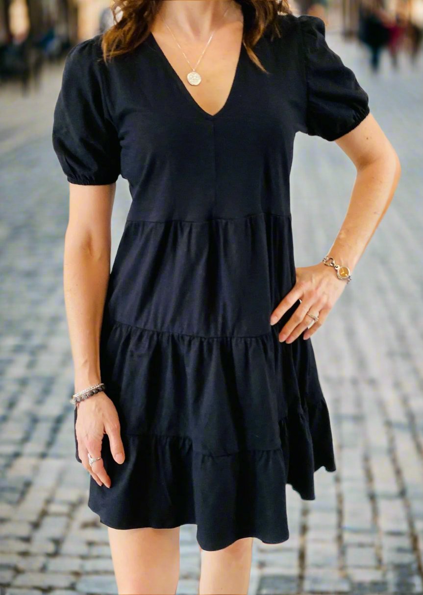 PERFECT DAY BLACK TIERED MINI DRESS