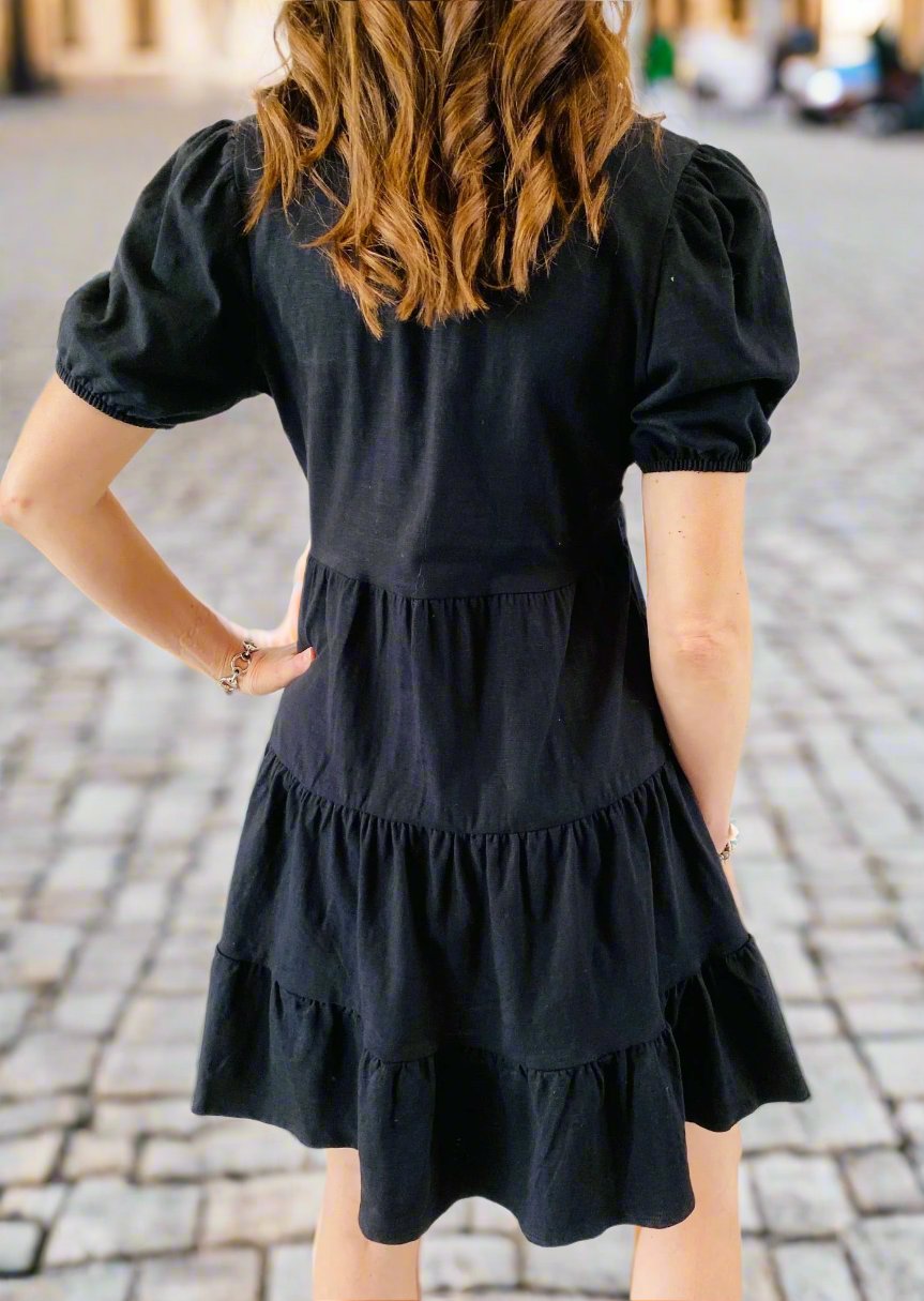 PERFECT DAY BLACK TIERED MINI DRESS