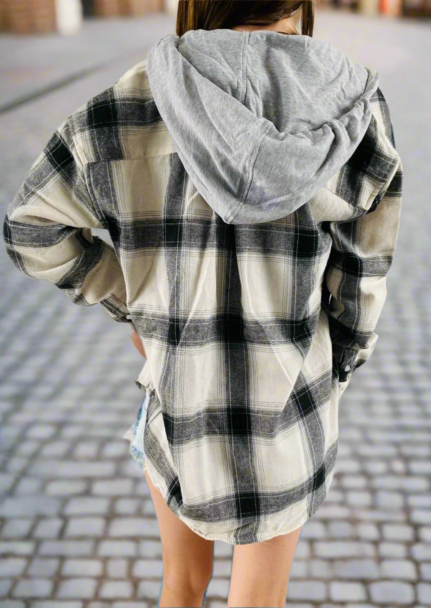 PLAID HOODED BUTTON FRONT SHIRT