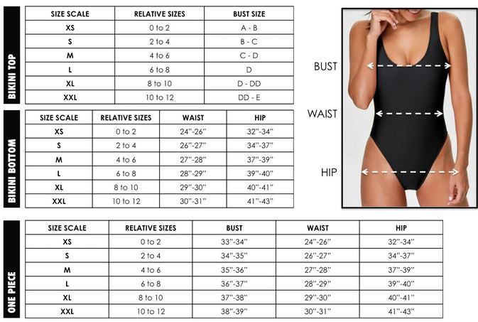 MAUI BLACK BRALETTE BIKINI SWIMSUIT Size Chart