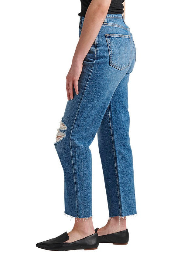 HIGHLY DESIRABLE STRAIGHT DISTRESSED DARK JEANS SIDE VIEW