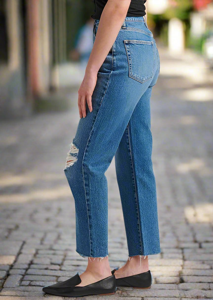 HIGHLY DESIRABLE STRAIGHT DISTRESSED DARK JEANS SIDE VIEW